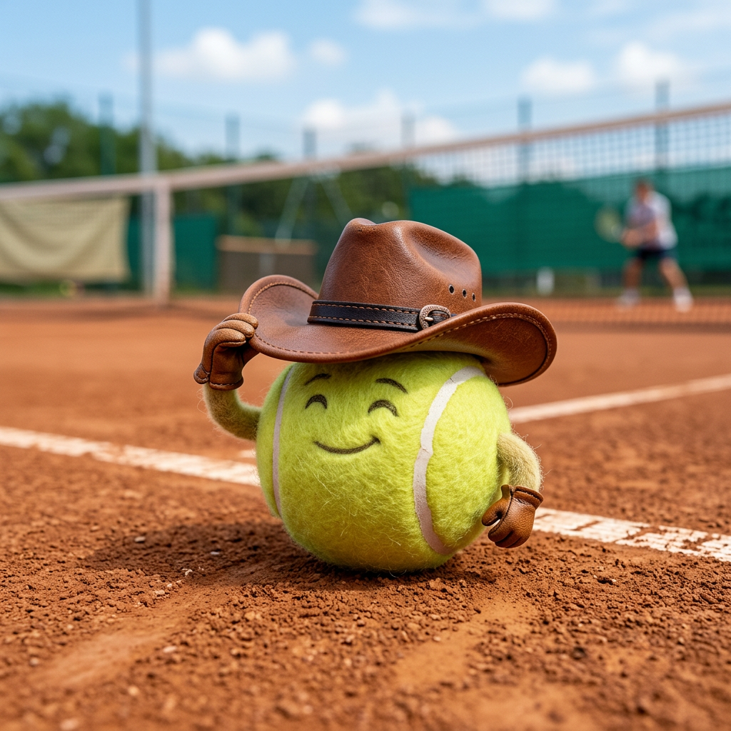 Smiling tennis ball mascot wearing a cowboy hat on a clay court