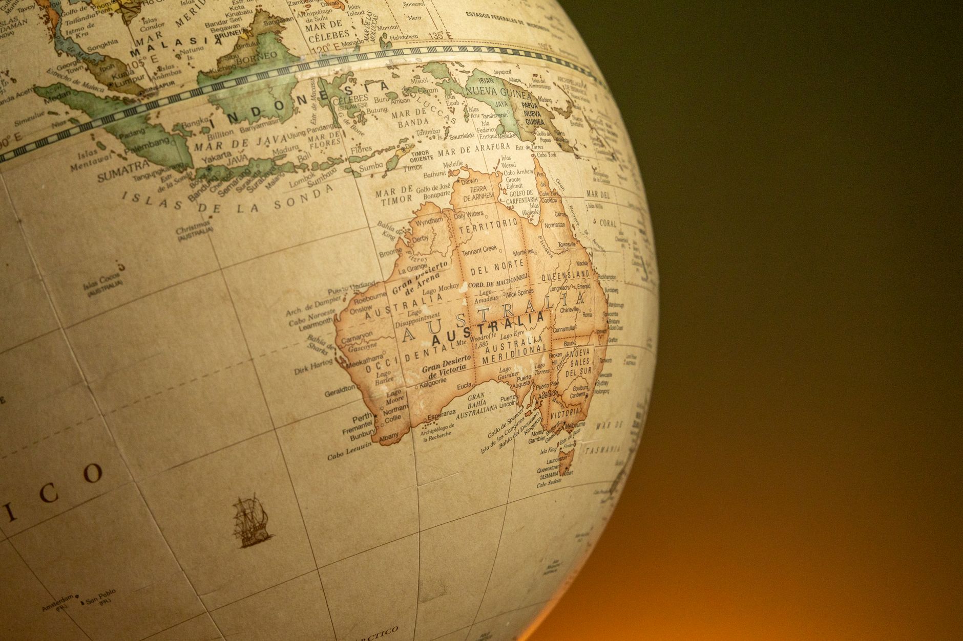 vintage globe highlighting australia and indonesia